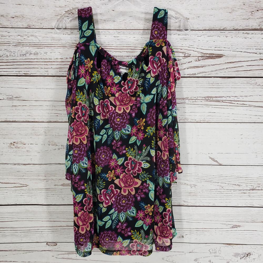 Catherines Women's Multicolor Floral Cold Shoulder Sheer Sleeve Top Size 0X